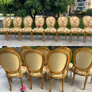 8 Gold Gilt French Louis Xv Dining Chairs, set of 8 French Medallion Back Chairs, Newer Floral, Phoenix birds fabric