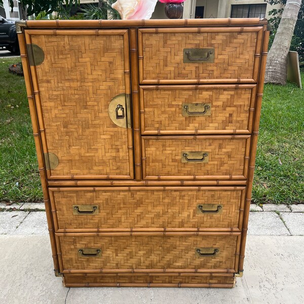 On hold Vintage Tallboy by Dixie Faux Bamboo, Woven Herringbone Rattan - Campaign Style Rattan tallboy, Vintage Rattan Dresser