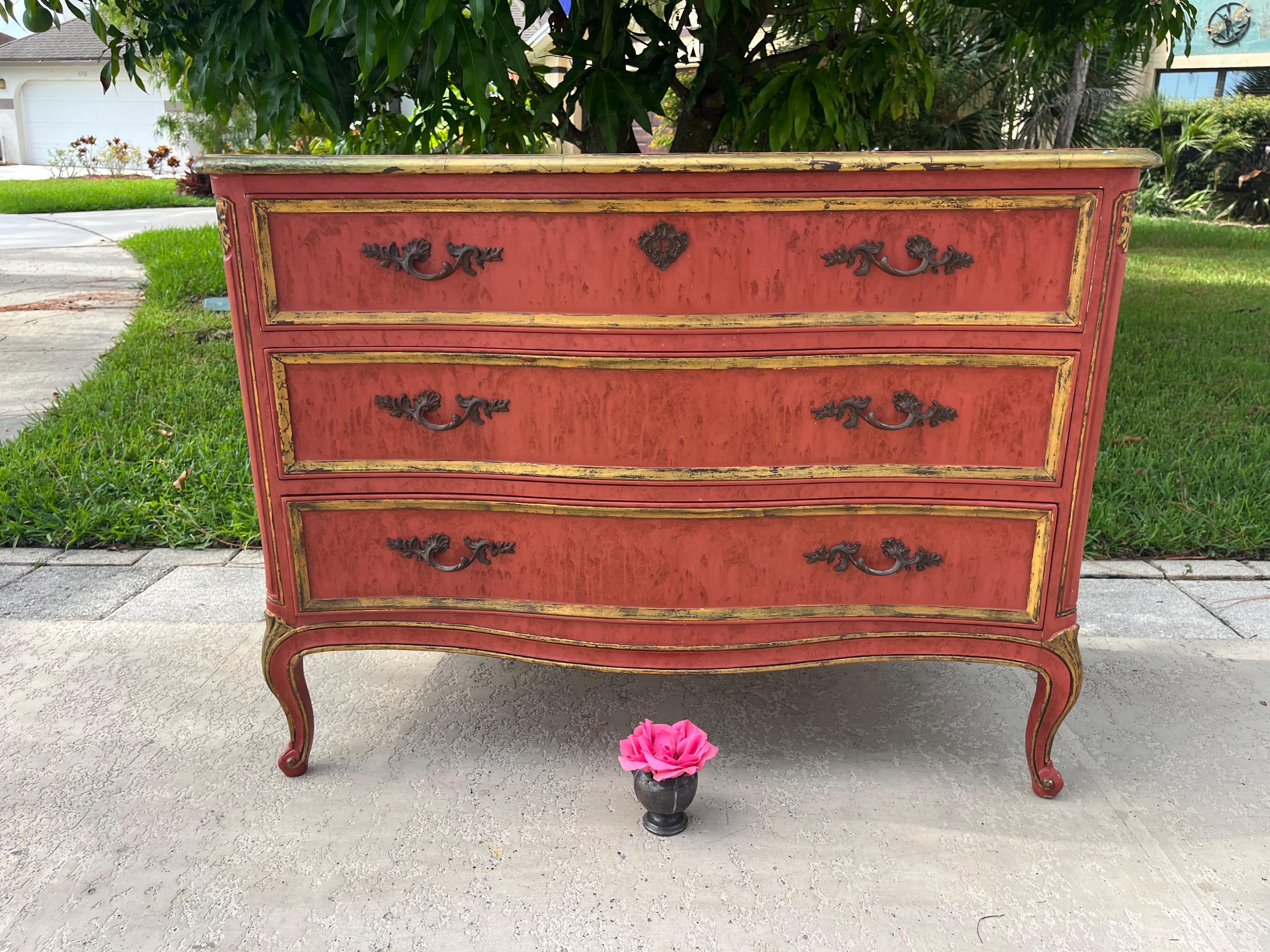 red and gold dresser HENREDON FRENCH PROVINCIAL Dresser, Louis xv Pinkish Coral & Chest 3 drawer French Country Nightstand pleated formal dress