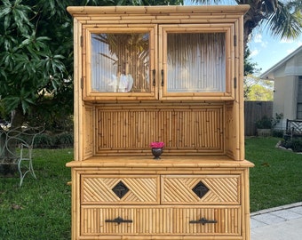 Tiki Bamboo Pencil Reed Hutch Credenza, Island style bamboo Sideboard Cabinet, Boho Bamboo Buffet