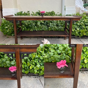 VINTAGE PAGODA CONSOLE Table 65.75” Rattan Cane Shelf Pretty Fretwork Detail, Chinoiserie Palm Beach at Retro Daisy Girl