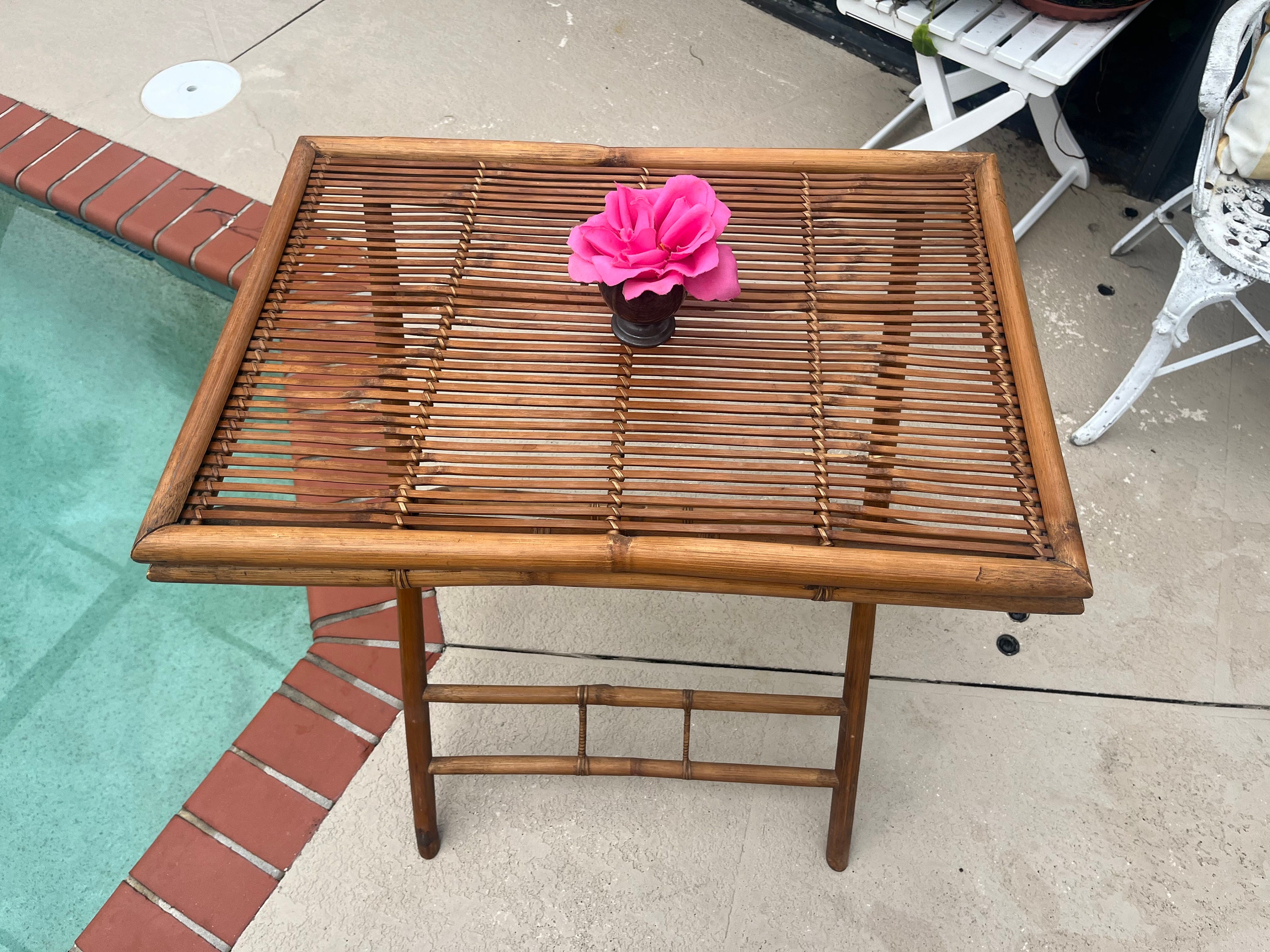 Mid Century Bamboo Rattan Folding Table With X Base Bamboo