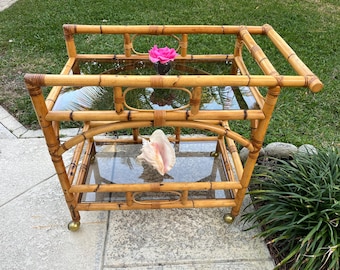 Mid Century Bamboo Bar Cart with smoked glass shelves, Boho Chic Bamboo Cart on Casters, Old Florida Mid Century Bamboo Cart