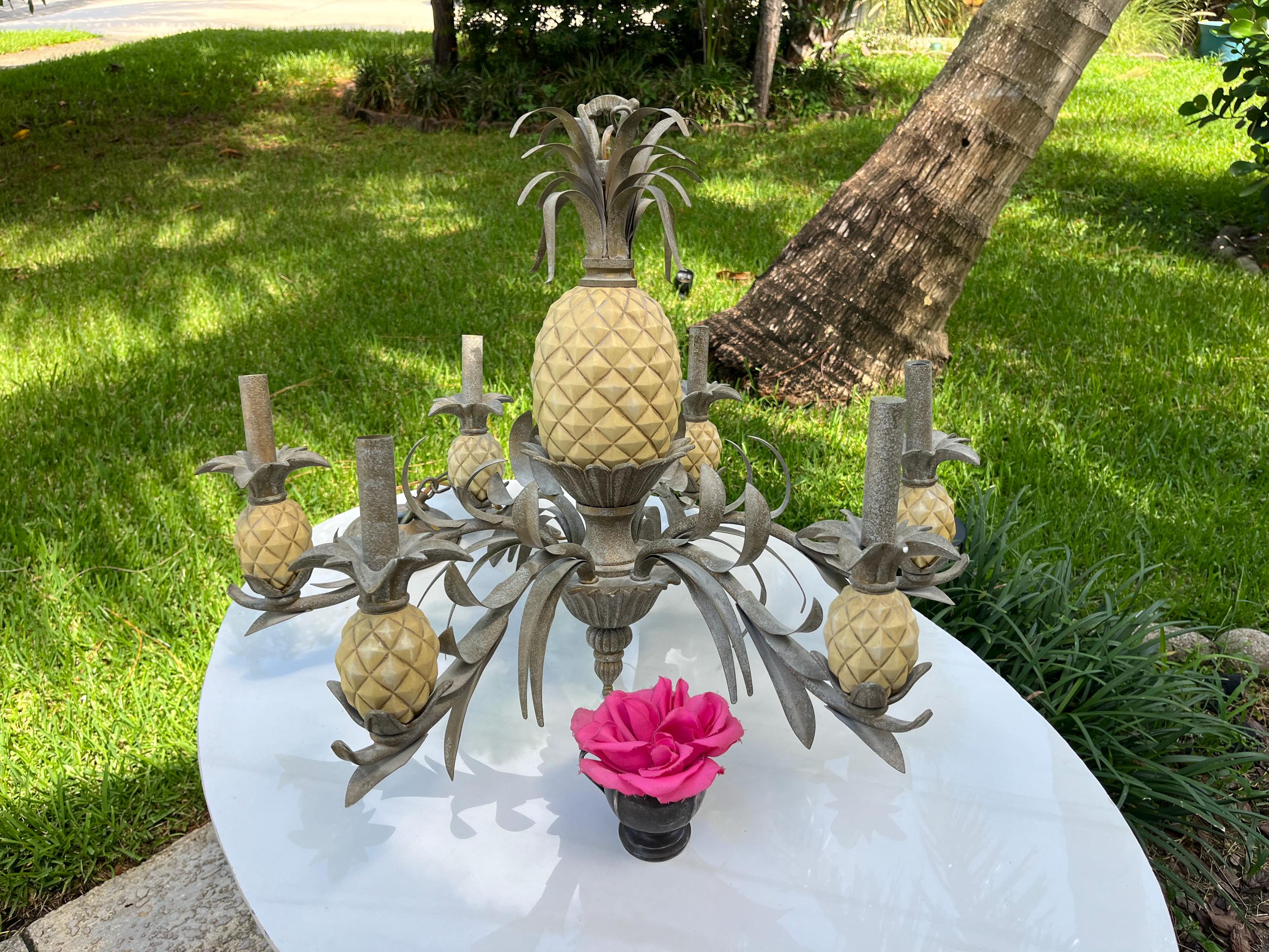 VINTAGE PINEAPPLE CHANDELIER Metal Tole 6 Lights Coastal Island