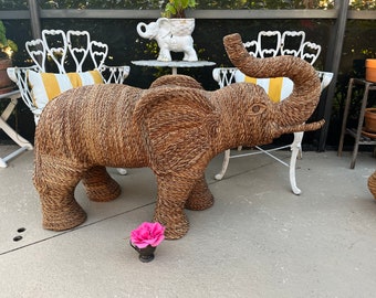 Mario Torres Lopez style Wicker Rattan Elephant, Whimsical Elephant in the Manner of Mario Torres Lopez, Elephant Wicker Rattan Sculpture