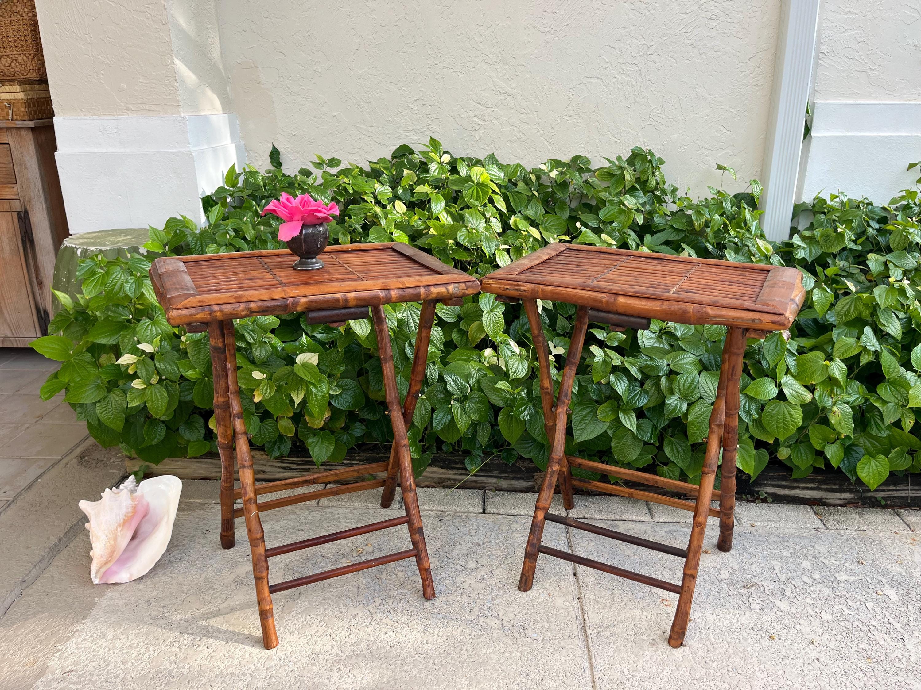 Tortoiseshell Bamboo Rattan Folding Table With X Base Bamboo