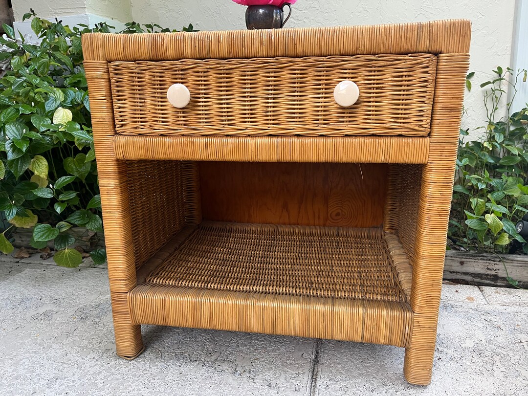 Vintage Rattan Side Table Rattan Nightstand Coastal Cottage Rattan
