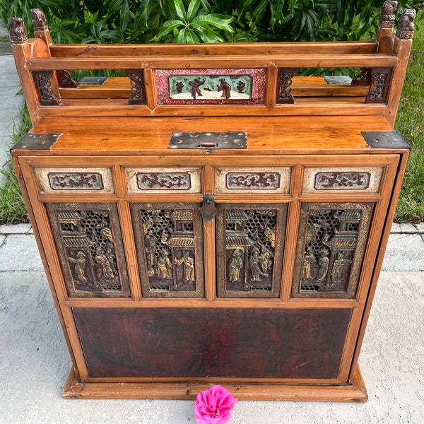 Chinese 19th Century Dowry Chest with Fretwork and Carved Gilt Characters, Antique Dowry Wedding Chest, Carved Pagoda Chest, Chinese Trunk