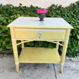 Vintage Faux Bamboo Nightstand, Thomasville Style Faux Bamboo Yellow Nightstand, Coastal Faux Bamboo Nightstand