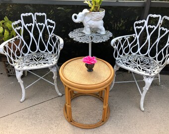 RATTAN DRUM TABLE / 20” tall x 19” Island style seagrass Top Drum Table / Boho Bamboo Side Table / Fretwork Drum table at Retro Daisy Girl