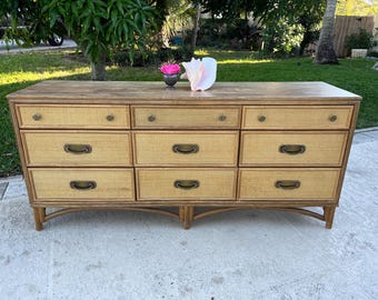 Vintage Bamboo Rattan 9-Drawer Dresser, Coastal Chic Credenza