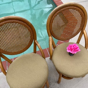 Pair Vintage Bentwood Bamboo Cane Back Chairs, Mid Century Modern Boho Chic Kalp Son Rattan Co.