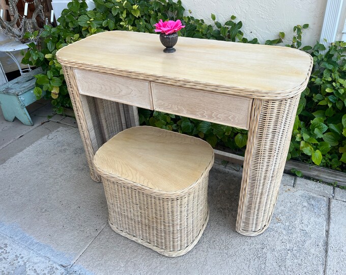 Vintage Wicker Desk With Wicker Bench, Waterfall Wicker Vanity, 2