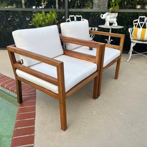 PAIR Kannoa Cali Teak Arm Chairs, Pair of Teak Arm Chairs, Sleek wood patio arm chairs set of 2