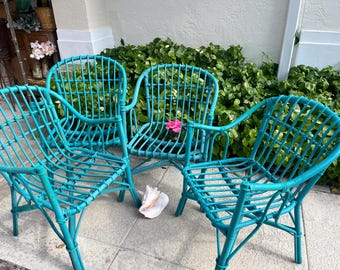 Pair of Vintage Rattan Bamboo Arm Chairs, Coastal Boho Turquoise & Green accent Chairs, 2 pairs Available