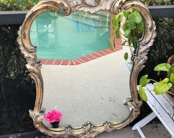 Vintage Gold Scroll Mirror, French Provincial gold gilt mirror, Rococo style floral mirror, Large Gold Scroll Mirror, Shabby chic mirror