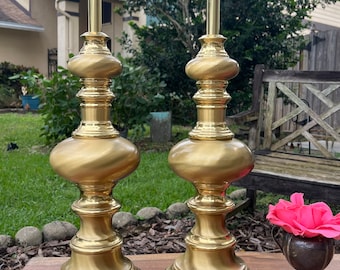 PAIR of Brass turned table lamps, Vintage Brass Lamps, Beautiful Brass Lamps