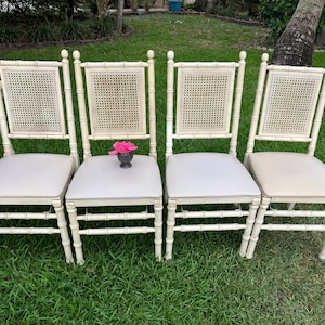 4 FAUX BAMBOO STAKMORE CHAIRs, Coastal Faux Bamboo Cane Back Folding chairs, 4 Chinoiserie Folding Chairs, Cane Back chairs TABLe is SOLd