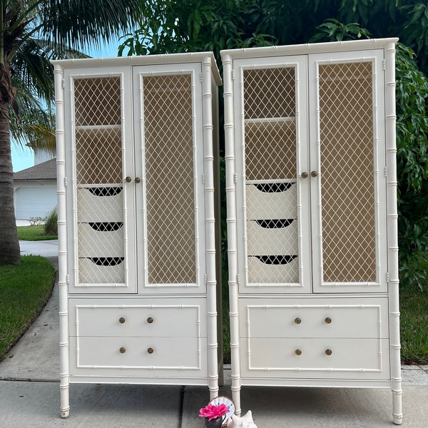 SOLD....Thomasville Faux bamboo Armoire, Palm Beach Faux Bamboo Armoire, Island style Armoire, 2 Available