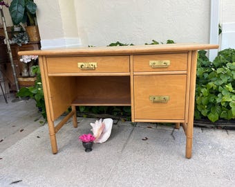Vintage Bamboo Rattan Desk with Brass Hardware & Cane Seagrass on back, Mid Century Modern Italian style Fretwork Desk at Retro Daisy Girl