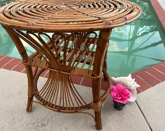 Sold Vintage Italian Bamboo Rattan Table, Albini style rattan table, Tortoiseshell Bamboo Table with Shelf