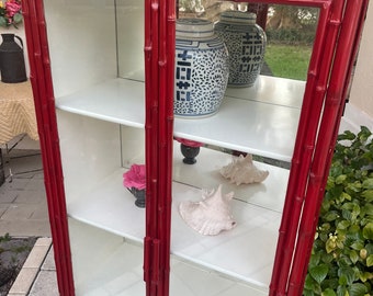 Vintage Bamboo Bookcase, Lacquered Bamboo Cabinet, Chinoiserie Vitrine bamboo etagere, Bamboo Cabinet