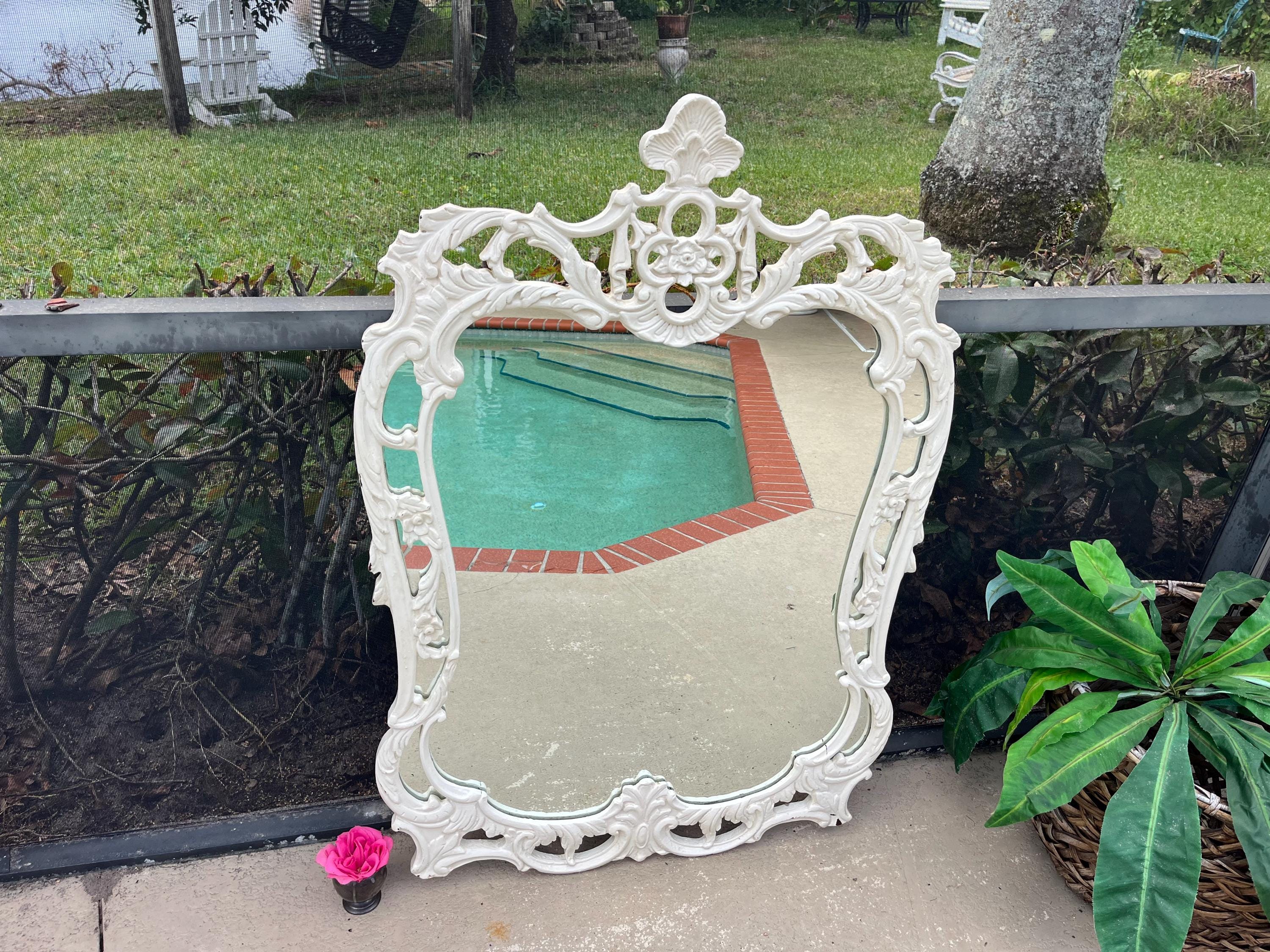 Vintage Chippendale Style Carved Mirror, Shabby Chic Creamy White