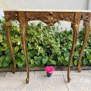 ON HOLD French Baroque Rococo style console entry table ,Gold gilt console table marble top, French Provincial style gold table
