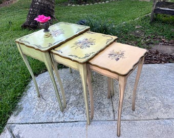 Shabby Chic Nesting Tables, Hand Painted Floral Louis XV Style, Set of 3