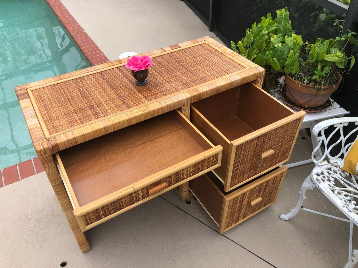 WOVEN RATTAN DESK / Wrapped Rattan Desk / 2 file Drawers / Etsy
