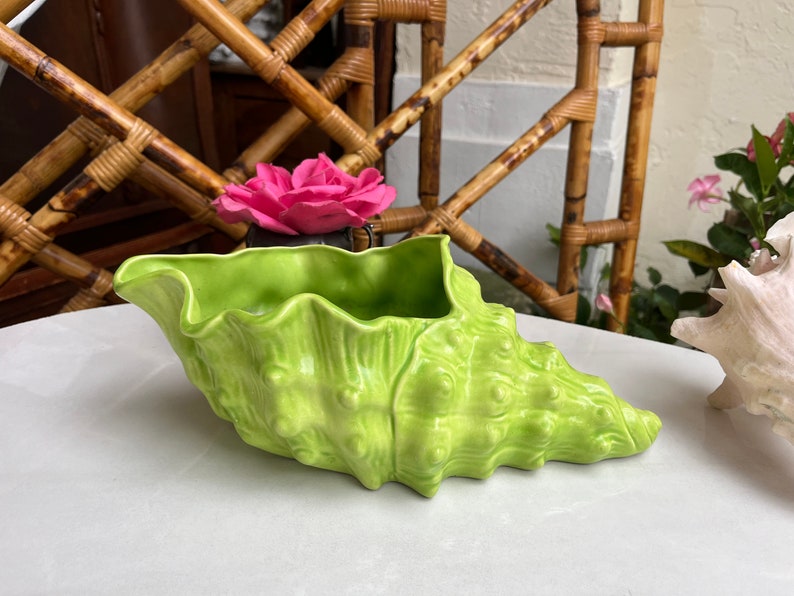 May include: A bright green ceramic seashell planter with a textured surface. The planter is shaped like a conch shell and has a wide opening at the top.