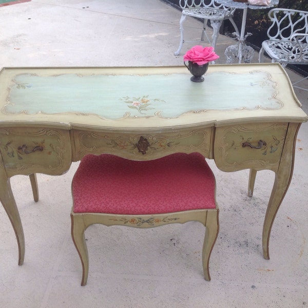 FRENCH STYLE DESK Antique Shabby Chic Hand Painted Desk Vanity pinks blues greens yellow Paris Apt. Romantic Homes Style at Retro Daisy Girl