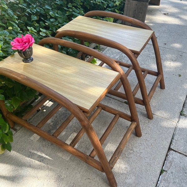 PAIR of Mid Century Pretzel Side Tables, Vintage Pair of Bentwood Bamboo End Tables, Tiki Modern Hawaiian Tropical Side Tables