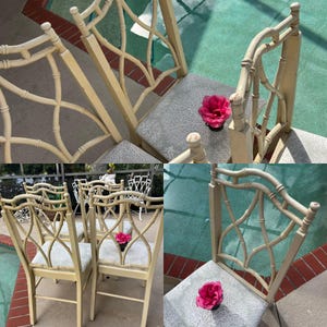 May include: Set of cream-colored bamboo-style chairs with patterned gray seats. The chairs have a decorative back design and are arranged outdoors. A vibrant pink flower rests on one of the seats, adding a pop of color to the scene.