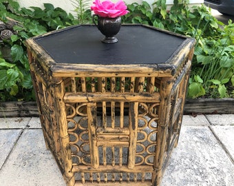 BAMBOO CHIPPENDALE SIDE Table / Bamboo Fretwork Table with Black Octagon Top / Island Style at Retro Daisy Girl