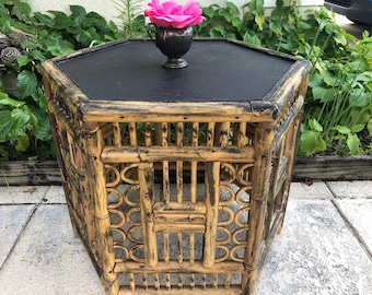 BAMBOO CHIPPENDALE SIDE Table / Bamboo Fretwork Table with Black Octagon Top / Island Style at Retro Daisy Girl