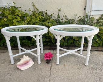 PAIR of Faux Bamboo Oval Side Tables - Chinoiserie Faux Bamboo Fretwork Side Tables a Pair - Thomasville Tables