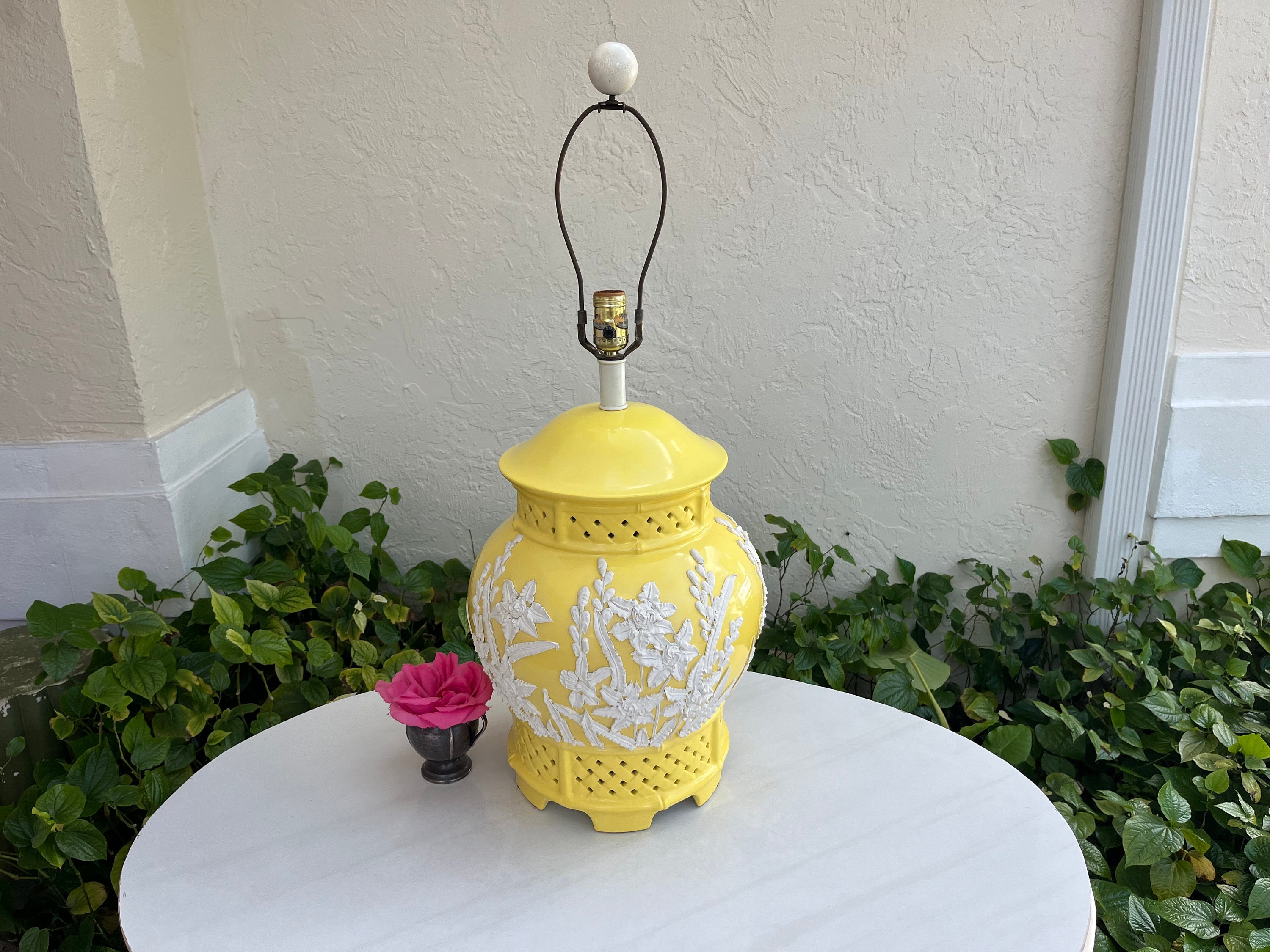 CANARY YELLOW ICING Lamp, Porcelain Chinoiserie Pierced Ginger Jar