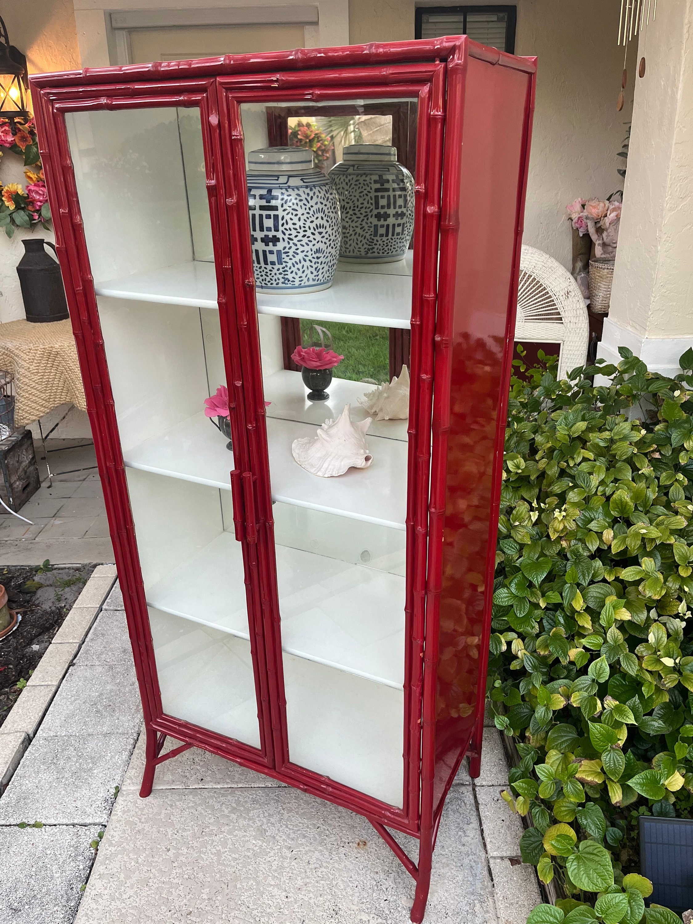 Vintage Lacquered Bamboo Cabinet, Lacquered Bamboo Bookcase