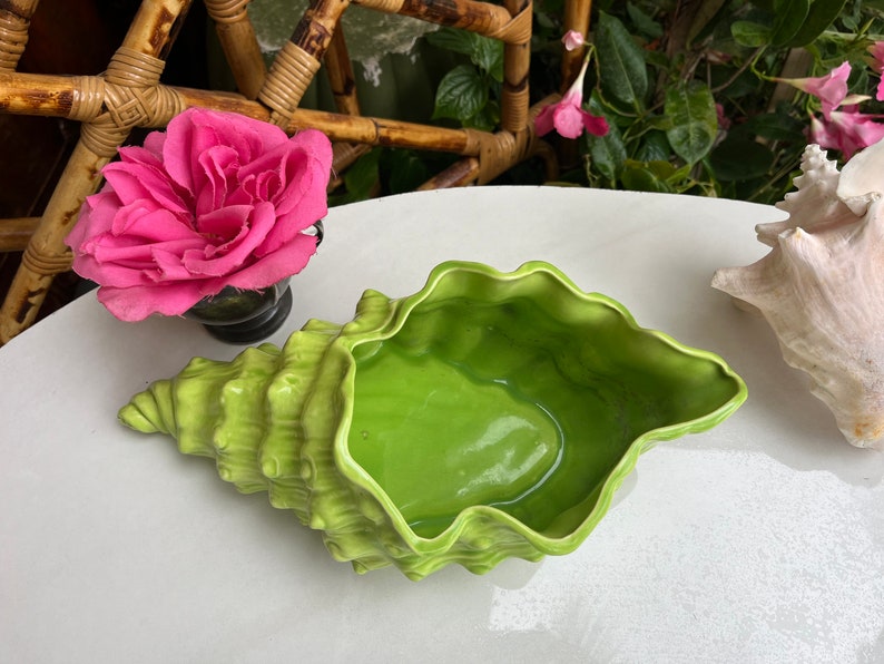 May include: A bright green ceramic seashell planter with a scalloped rim. The planter is shaped like a conch shell and has a textured surface.