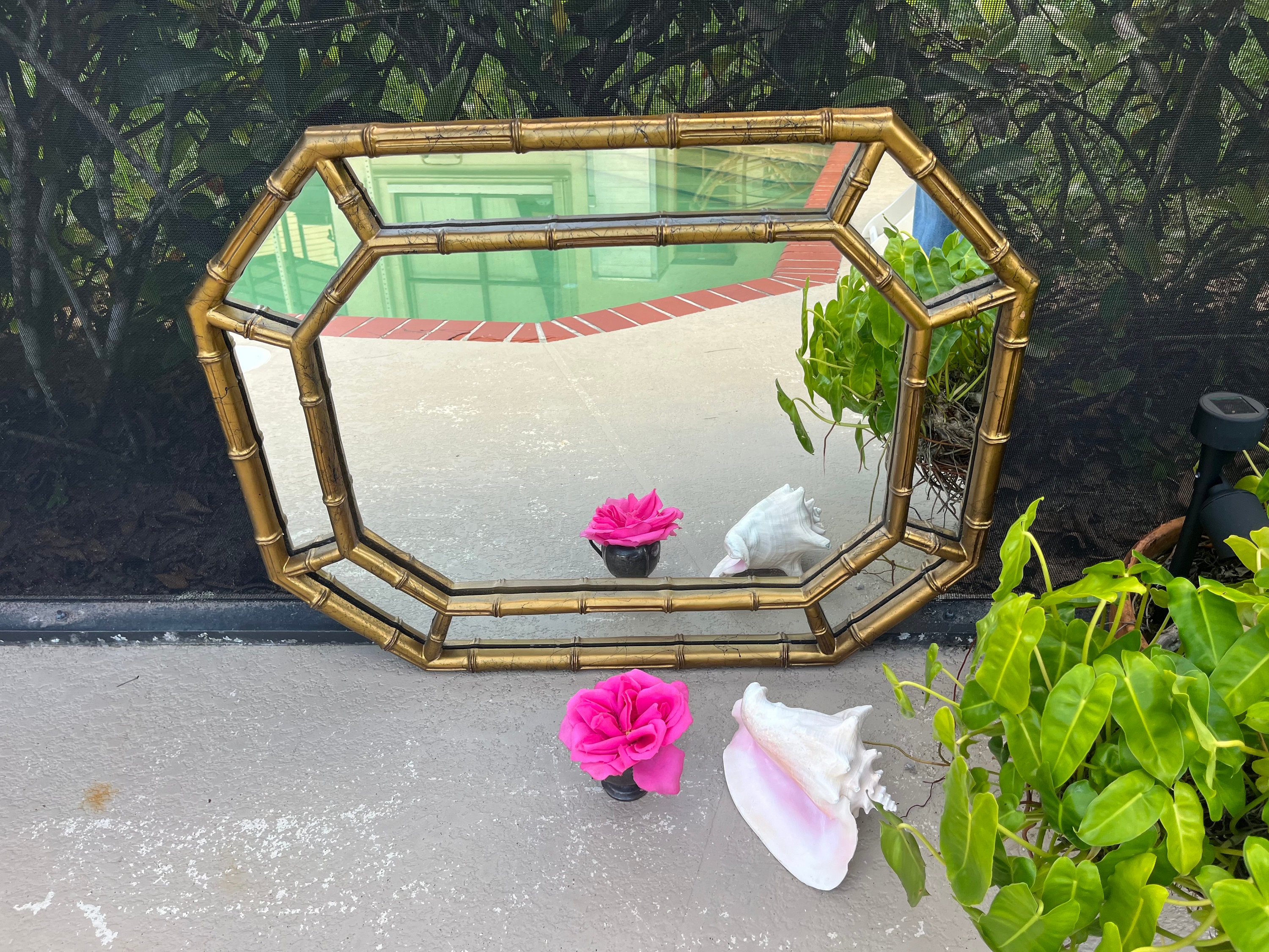 Faux Bamboo Gold Gilt Octagon Mirror, Chinoiserie Faux Faux Bamboo Gold Gilt Octagon Mirror, Chinoiserie Faux