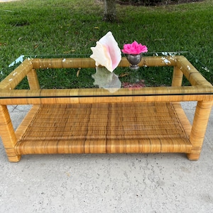 Vintage Wrapped Rattan Rectangular Coffee table with glass, Wicker coffee table with bottom shelf