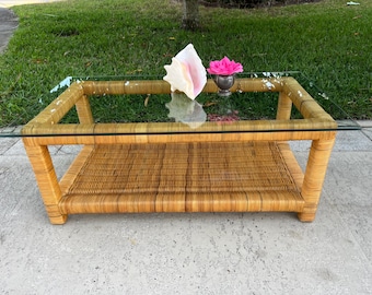 Vintage Wrapped Rattan Rectangular Coffee table with glass, Wicker coffee table with bottom shelf