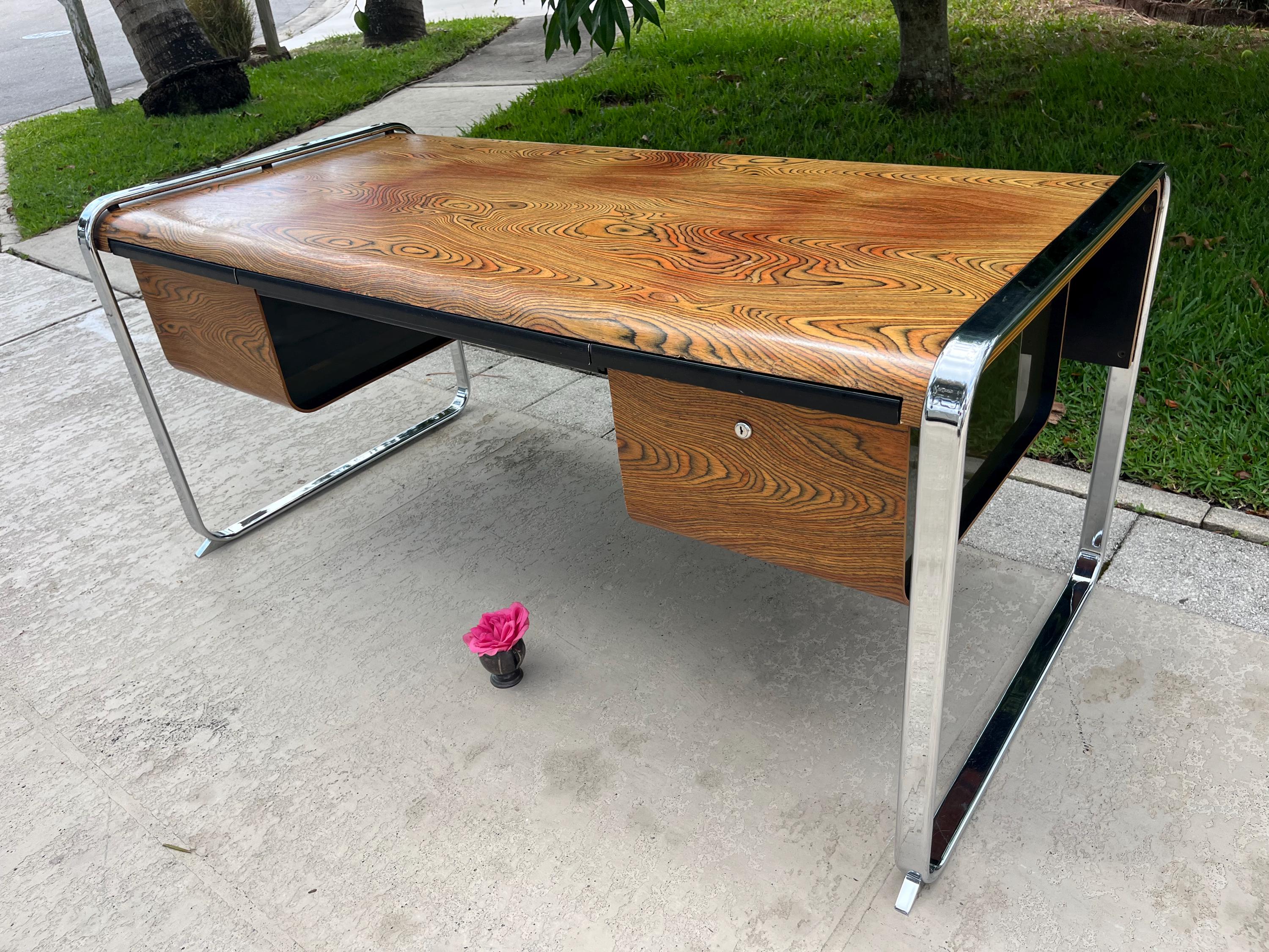 HERMAN MILLER Zebrawood Credenza Desk by Peter Protzmann, Chrome