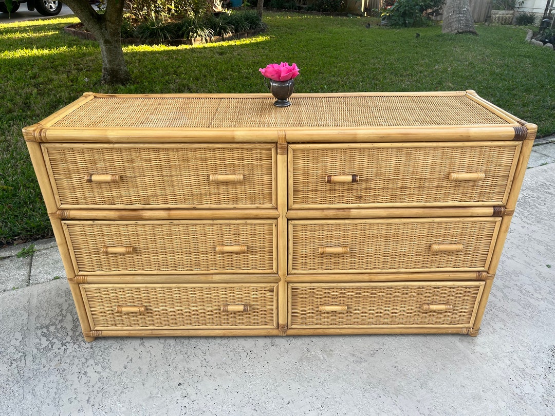 Vintage Rattan Double Dresser 6 Drawers Bamboo Pulls Wrapped Rattan Dresser, Island Style Rattan