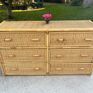 Vintage Rattan Double Dresser 6 drawers bamboo pulls - wrapped rattan dresser, Island style rattan dresser