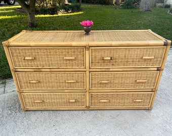 Vintage Rattan Double Dresser 6 drawers bamboo pulls - wrapped rattan dresser, Island style rattan dresser