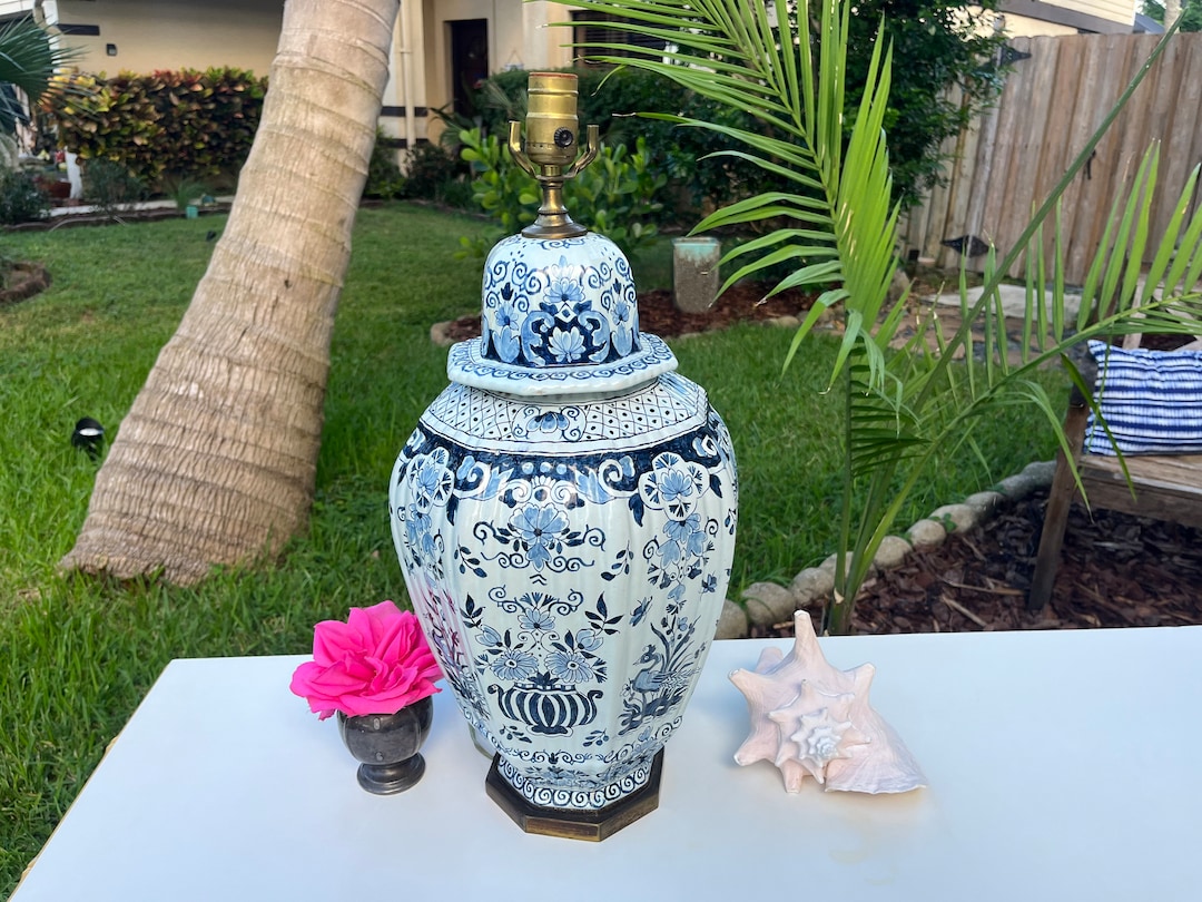 Ginger Jar Lamp Blue and White, Hand Painted Birds, Lilies, Flowers