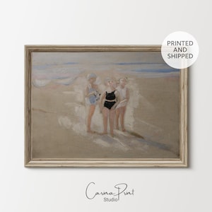 Stampa artistica di ragazze da spiaggia vintage / Pittura costiera / Arte murale sul mare / Decorazione femminile estiva / Stampa di scene di spiaggia dai toni tenui