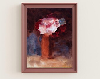 May include: Watercolor painting of a bouquet of flowers in a vase. The flowers are primarily pink and red, with some white and blue accents. The vase is a warm brown color, and the background is a dark brown. The painting is framed in a reddish-brown frame.